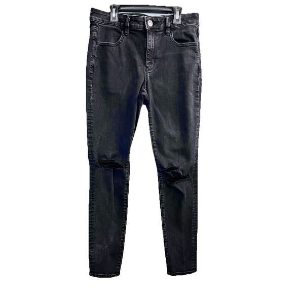 American Eagle Black Distressed‎ Next Level Stretch Jegging Skinny Jeans Size 8R - Picture 1 of 11